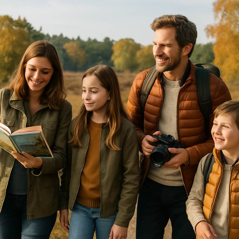 Familie wandelt in Nederlands natuurgebied met boek en camera, symbool voor natuurliteratuur en bewust geldbeheer