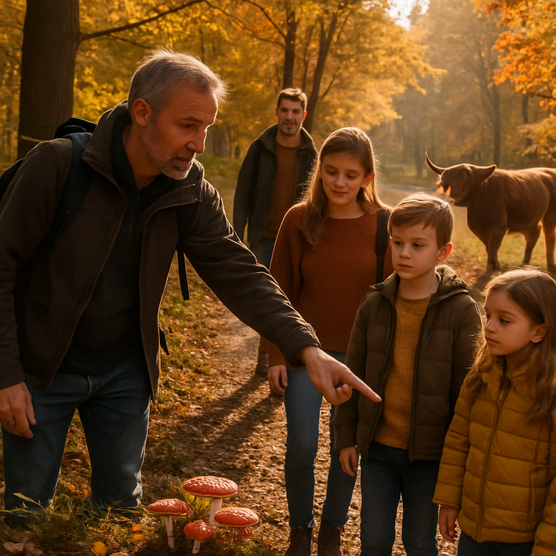 Familie op herfstwandeling met natuurgids in Nederlands bos met paddenstoelen en Schotse hooglanders