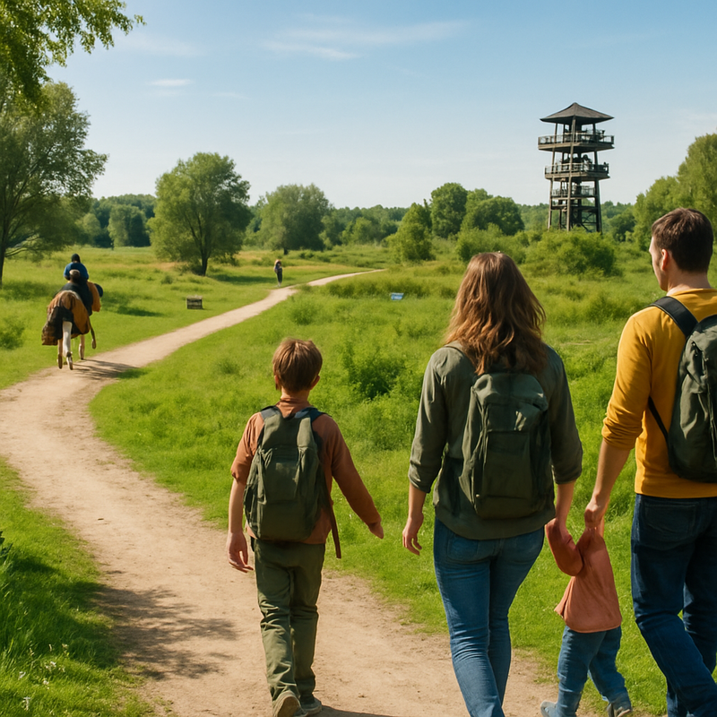 Gezin wandelt op nieuw aangelegd pad in een groen Nederlands natuurgebied met fiets- en ruiterpaden