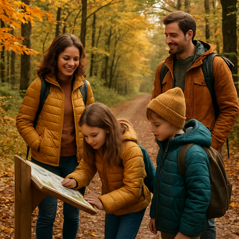 Gezin wandelt met kinderen in het bos bij Landgoed De Wielewaal tijdens de herfst