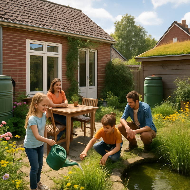 Duurzame tuin met regenton, groene planten en natuurlijke wateropslag in Nederland