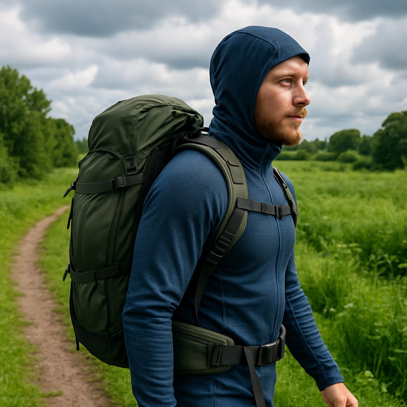 Hiker in technical thermal clothing with ergonomic backpack in Dutch nature