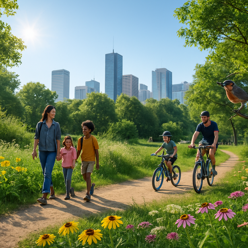 Gezinnen wandelen in een groene stedelijke park met bloemen en bomen op een zonnige dag