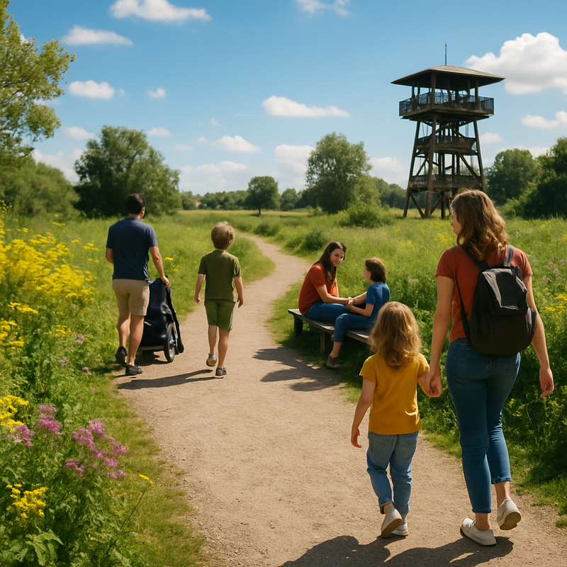 Nederlandse natuur met wandelpad, bloeiende planten en uitkijktoren, geschikt voor gezinnen en natuurfotografen
