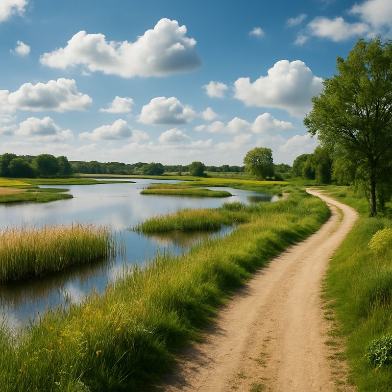 Nederlands landschap met wetlands en wandelpaden onder bewolkte hemel