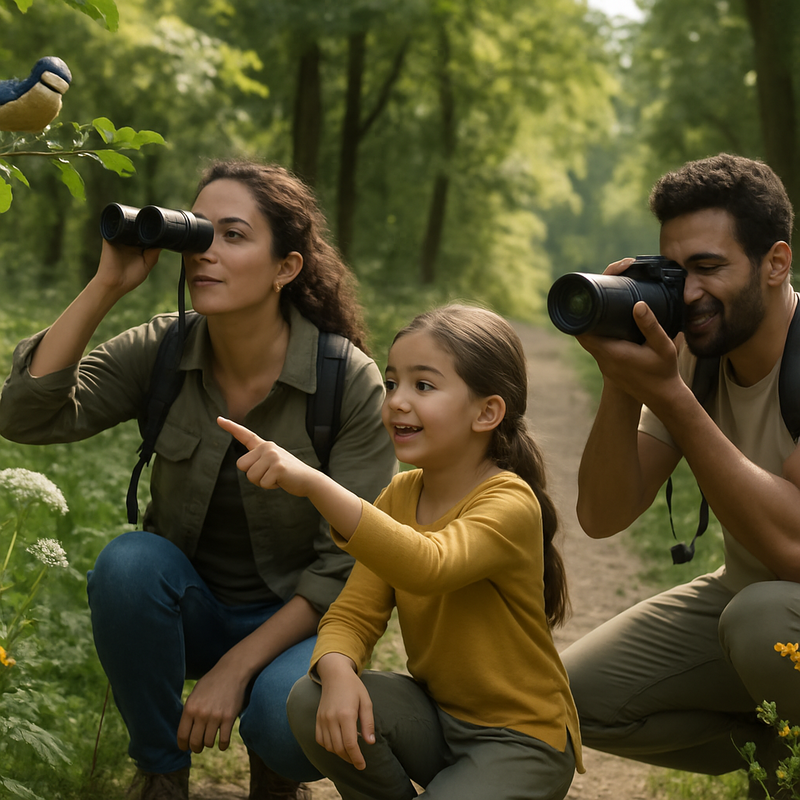 Familie doet wildspotting en natuurfotografie in een bos in Nederland.