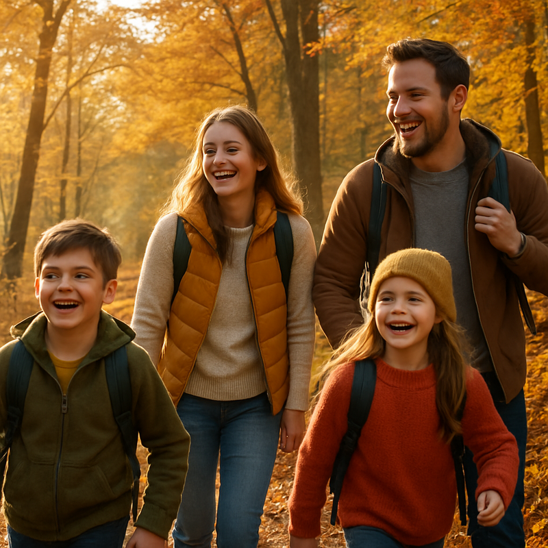 Gezin wandelend op een zonnig bospad in Nederland met herfstbladeren