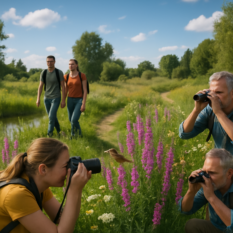 Wandelaars en natuurfotografen in een weelderig natuurgebied met diverse planten en dieren in Nederland