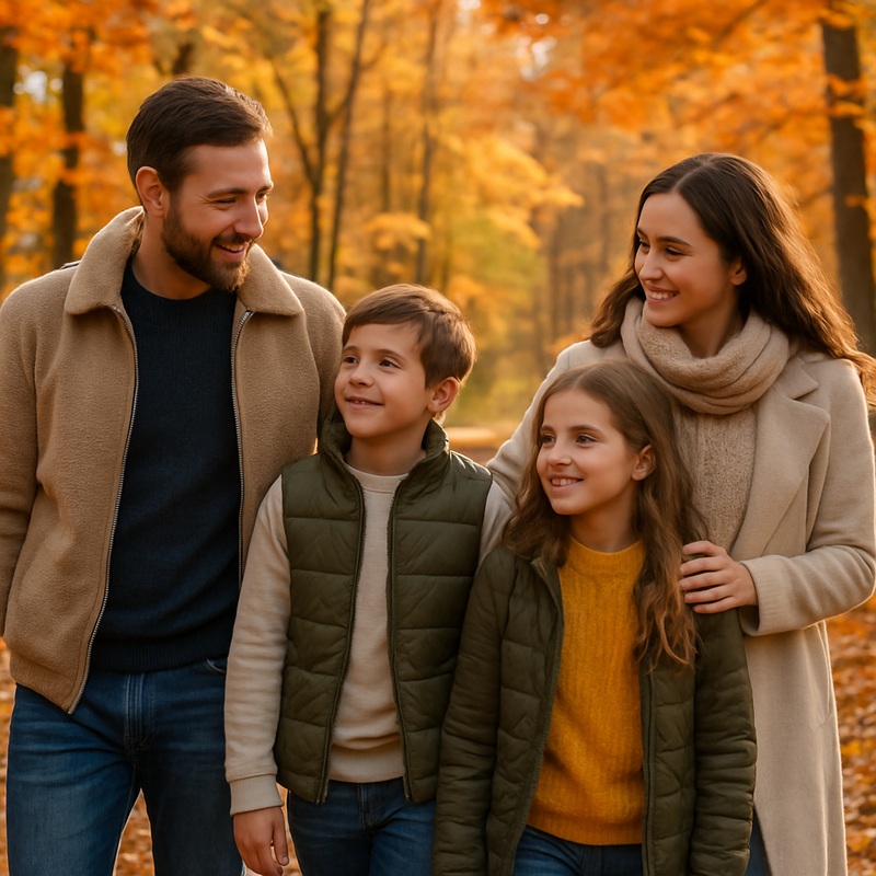 Gezin wandelt gezamenlijk door natuurgebied met kleurrijke herfstbladeren