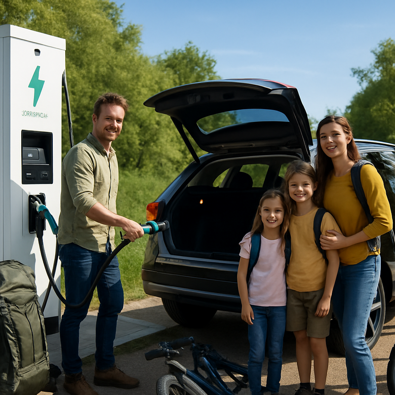 Familie laadt elektrische auto op bij ultrasnelle laadpaal in natuurgebied