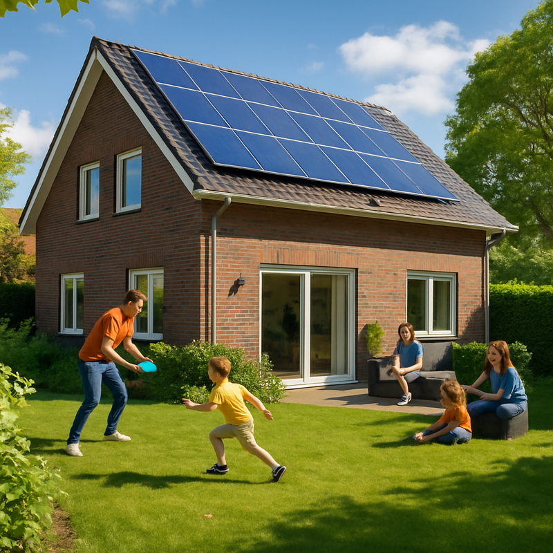 Energiezuinig huis in Nederland met zonnepanelen en gezin in de natuur
