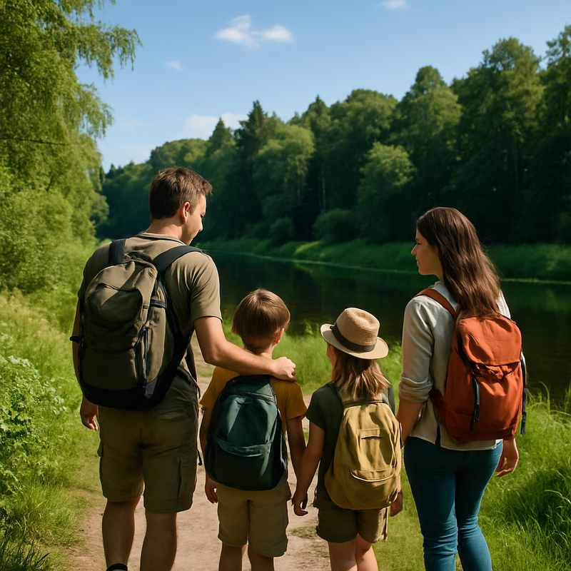 Familie wandelt in een groen natuurgebied in Nederland, symbool voor duurzaam ecotoerisme en geldbeheer
