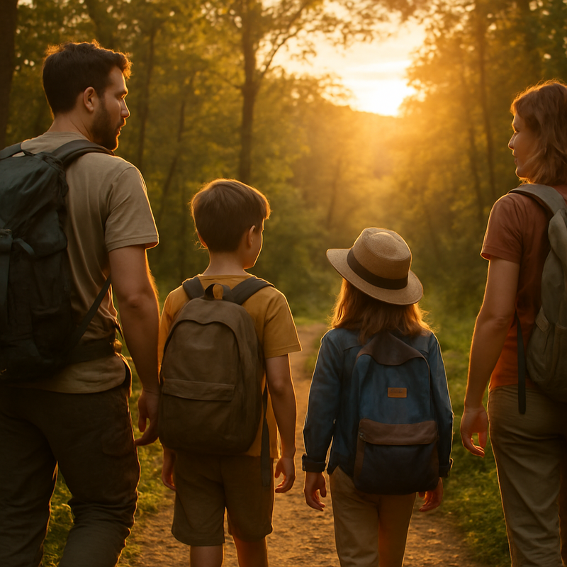 Familie wandelt met rugzakken en fotocamera’s in een bos bij zonsondergang, symboliseert avontuur en financiële bewustwording.
