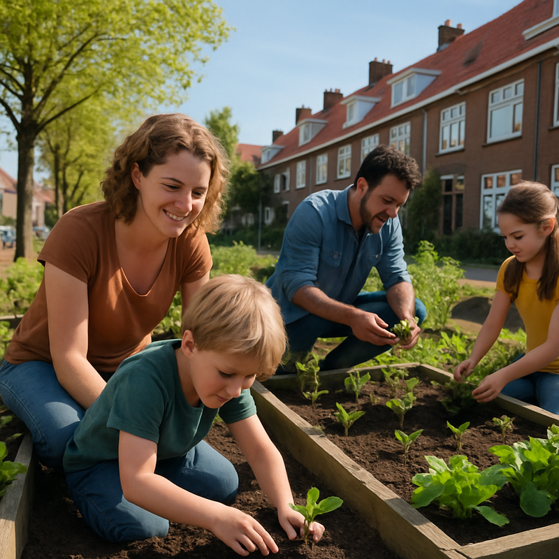 Gezin dat groenten plant in een kleine voortuin in een Nederlandse woonwijk