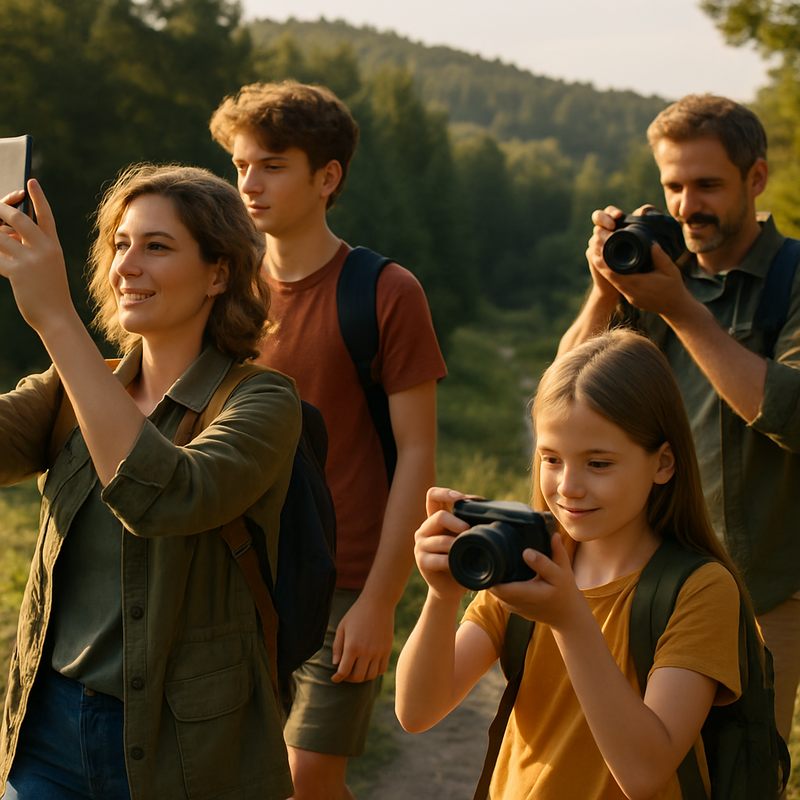 Gezin wandelt in de natuur en maakt foto's met smartphone en camera
