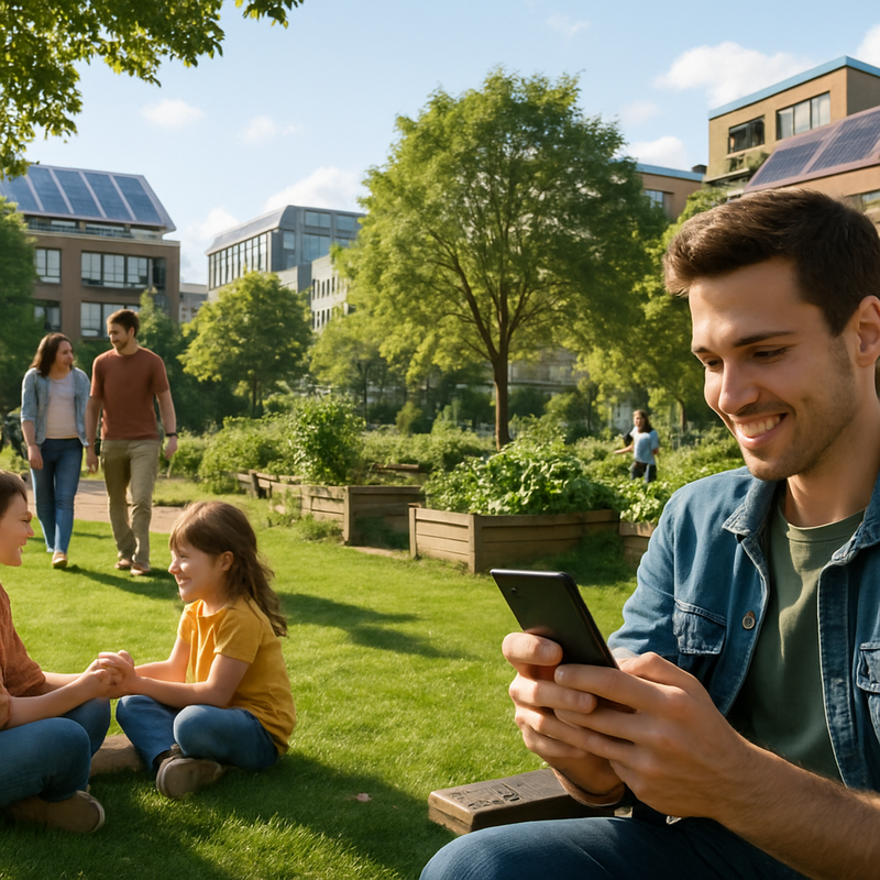 Gezinnen in groene stadsomgeving met zonnepanelen en smartphone app voor duurzame initiatieven