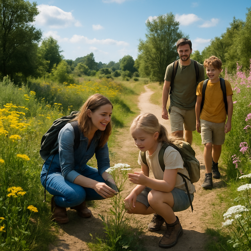 Gezin wandelt en bekijkt inheemse planten in natuurherstelgebied in Nederland