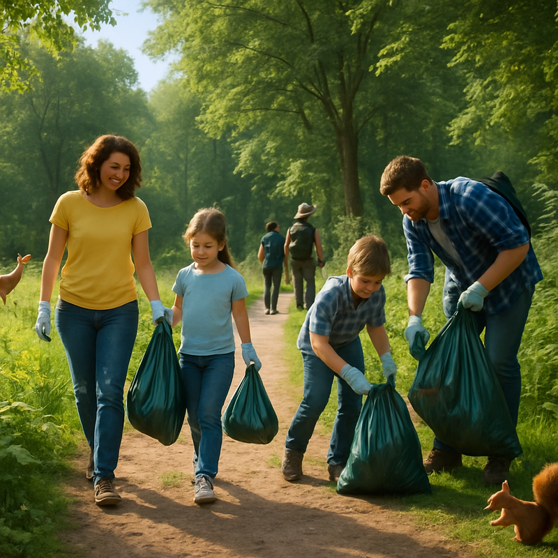 Gezinnen en wandelaars die een bosgebied schoonmaken tijdens een natuuractie in Nederland