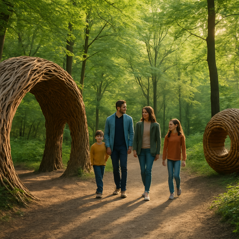 Familie wandelt langs kunstinstallaties in het bos tijdens natuurkunstfestival in Nederland