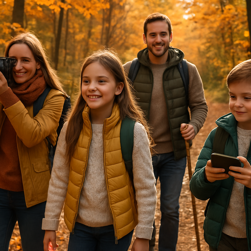 Gezin wandelt in het bos en deelt natuurervaringen via blogs en smartphones