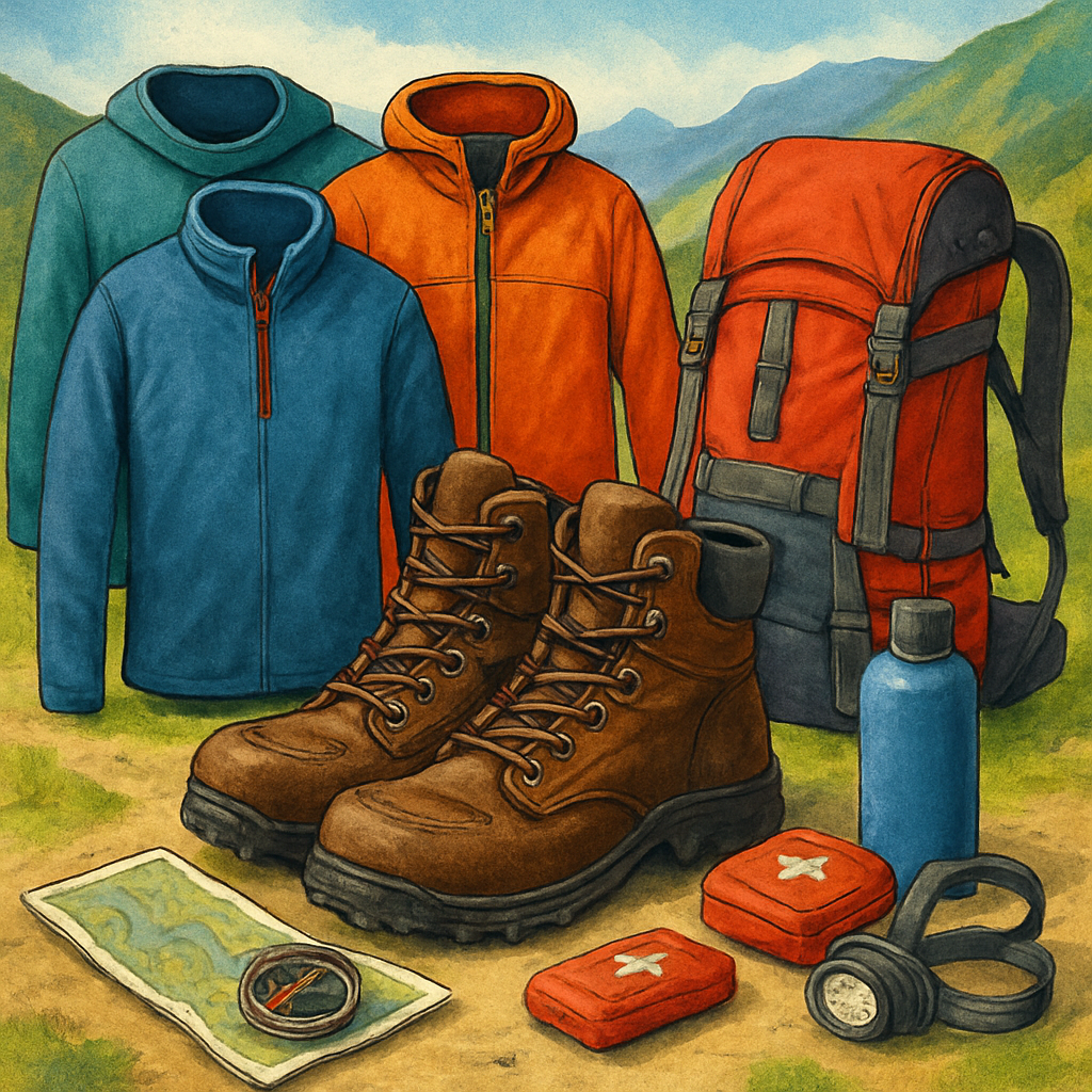 Een kleurrijke tekening van essentiële bergwandeluitrusting: een paar stevige bergwandelschoenen, een op elkaar gestapelde baselayer, mid-layer en shell, een goed gevulde rugzak, een kompas met kaart, een waterfles, een EHBO-kit en een hoofdlamp.