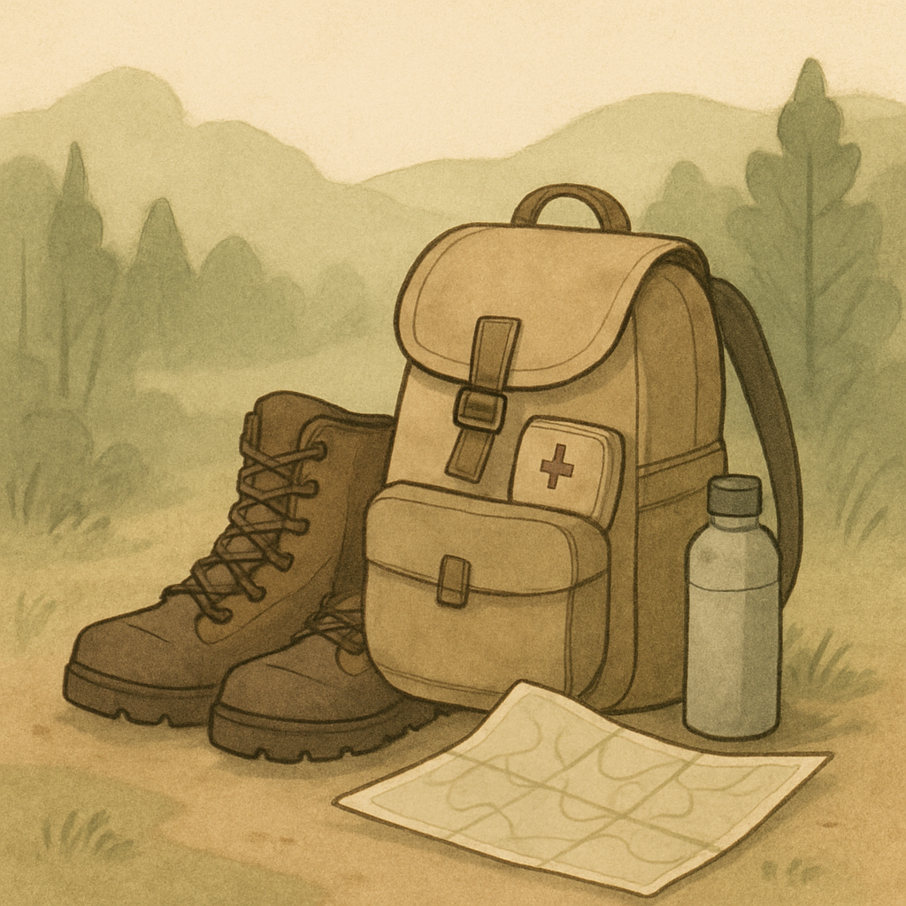 Illustratie van essentiële wandeluitrusting: een paar stevige wandelschoenen, een compacte rugzak, een drinkfles, een vereenvoudigde landkaart en een EHBO-setje, liggend op een pad met een natuurlijke achtergrond.