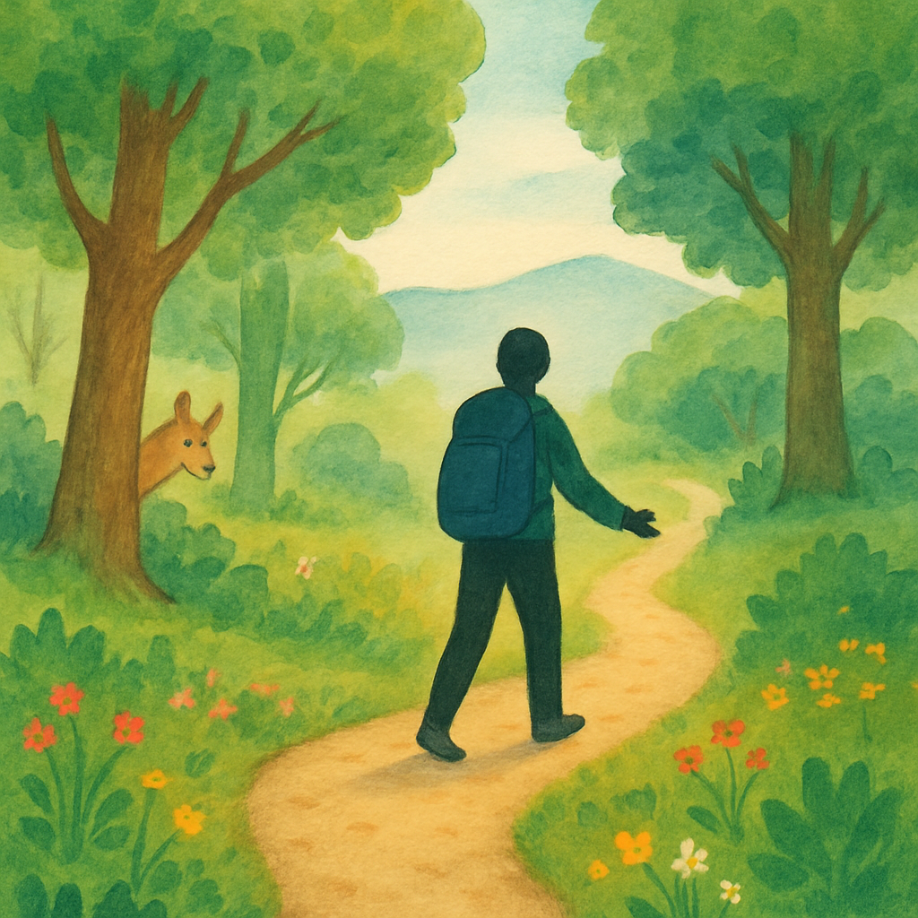 Een illustratie in een zachte, kleurrijke tekenstijl van een persoon die rustig over een duidelijk pad wandelt in een dichtbegroeid bos, terwijl een klein wild dier, zoals een hert of vos, discreet toekijkt vanuit de vegetatie.