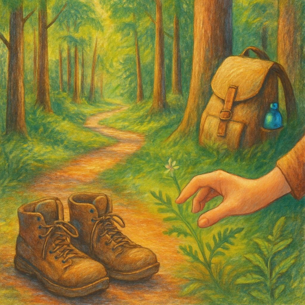 Een kleurrijke tekening toont wandelschoenen op een pad in het bos, een hand die voorzichtig een plant observeert, en een rugzak, symboliserend voorbereiding en respect voor de natuur.