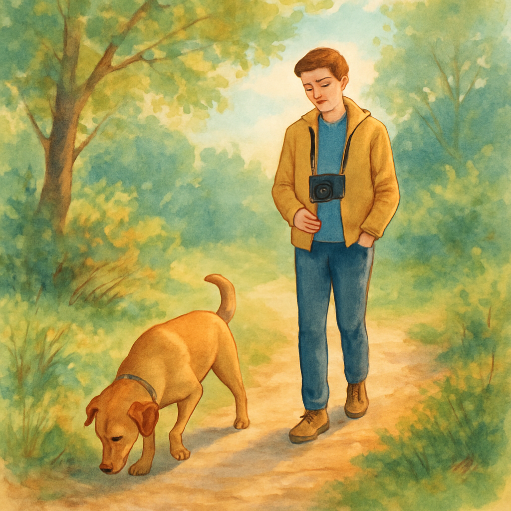 Een illustratie van een persoon die met hun hond wandelt op een natuurpad. De hond snuffelt geconcentreerd aan de grond, terwijl de persoon met een glimlach toekijkt, omringd door bomen en warm licht.