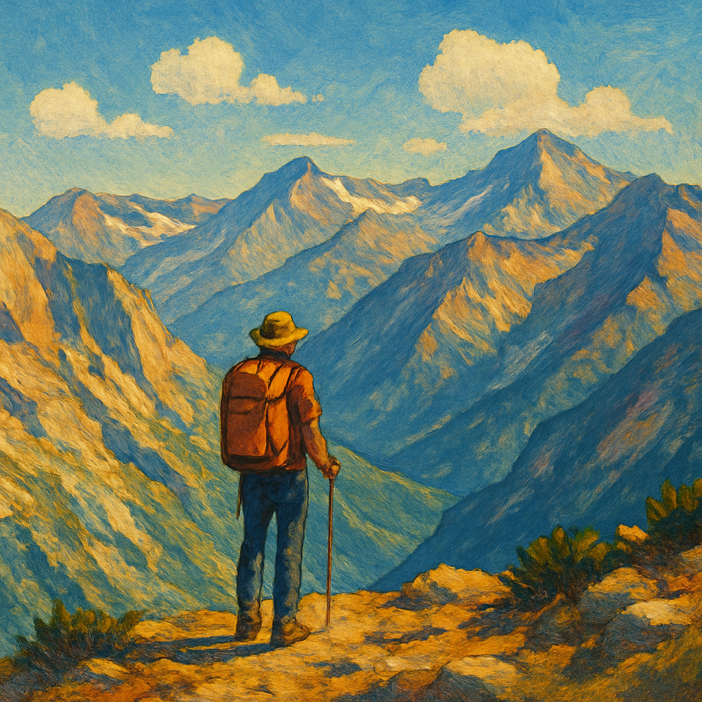 Een schilderachtige tekening van een hiker die uitkijkt over een weids berglandschap met besneeuwde toppen en een heldere hemel, symboliserend het gevoel van voldoening na een zware tocht.