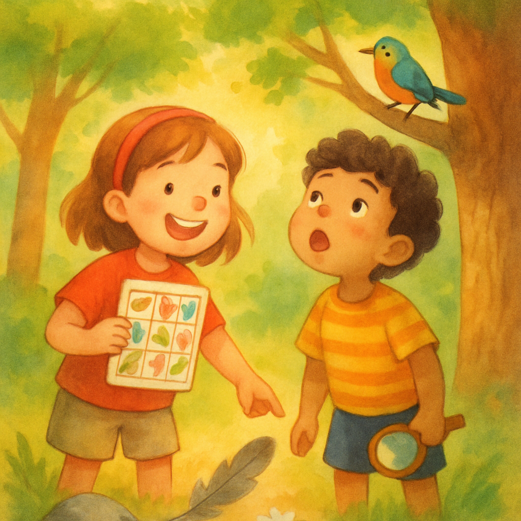 Een illustratie van een meisje en een jongen in een bos. Het meisje houdt een natuurbingo-kaart vast en wijst naar een veer op de grond. De jongen kijkt omhoog naar een vogel in een boom.