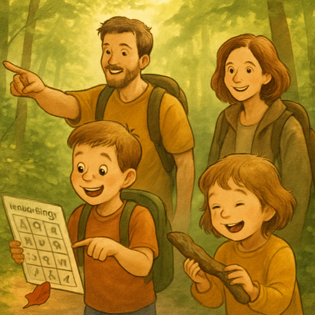 Een vrolijke illustratie van een gezin, bestaande uit twee ouders en twee jonge kinderen, die genietend wandelen in een bos. Een kind zoekt geconcentreerd naar items voor natuurbingo op een kaartje, terwijl het andere kind met open mond een tak vasthoudt. De ouders glimlachen bemoedigend, omringd door groen gebladerte en zonnestralen.
