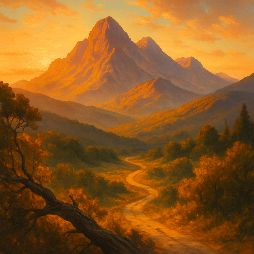 Een kleurrijke illustratie van een berglandschap bij zonsondergang. Een pad loopt door een vallei richting hoge bergen onder een warme, oranje lucht. Takken van een boom omlijsten de voorgrond.