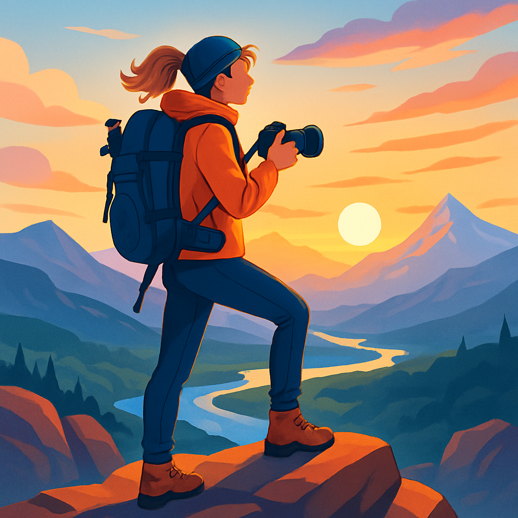 Een kleurrijke tekening van een energieke vrouw met een klimrugzak en camera op een rots, uitkijkend over een berglandschap bij zonsopgang. De afbeelding symboliseert voorbereiding en avontuur in landschapsfotografie.