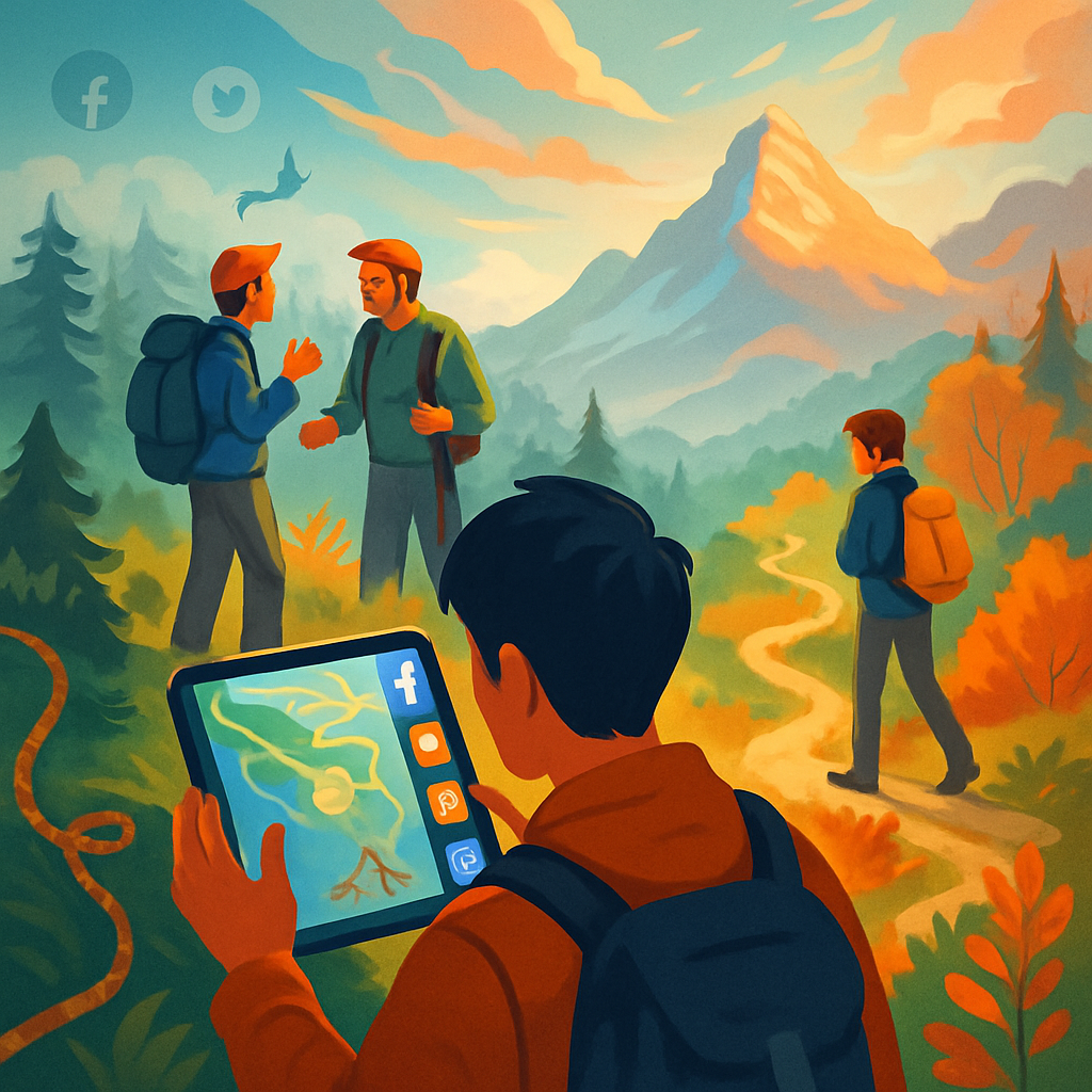 Een kleurrijke illustratie die de reis van een landschapsfotograaf toont, met elementen van online onderzoek via een tablet, interactie met lokale gidsen, en het fysiek verkennen van diverse landschappen onder verschillende weersomstandigheden en seizoenen.