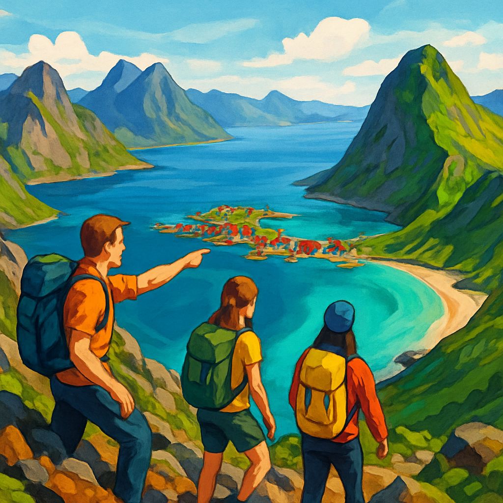 Een kleurrijke tekening van de Lofoten waarop wandelaars op een bergpad staan met uitzicht op een fjord en een rood vissersdorp. Daarnaast is een zandstrand te zien met een grote berg op de achtergrond, wat de verscheidenheid aan wandelroutes op de Lofoten symboliseert.