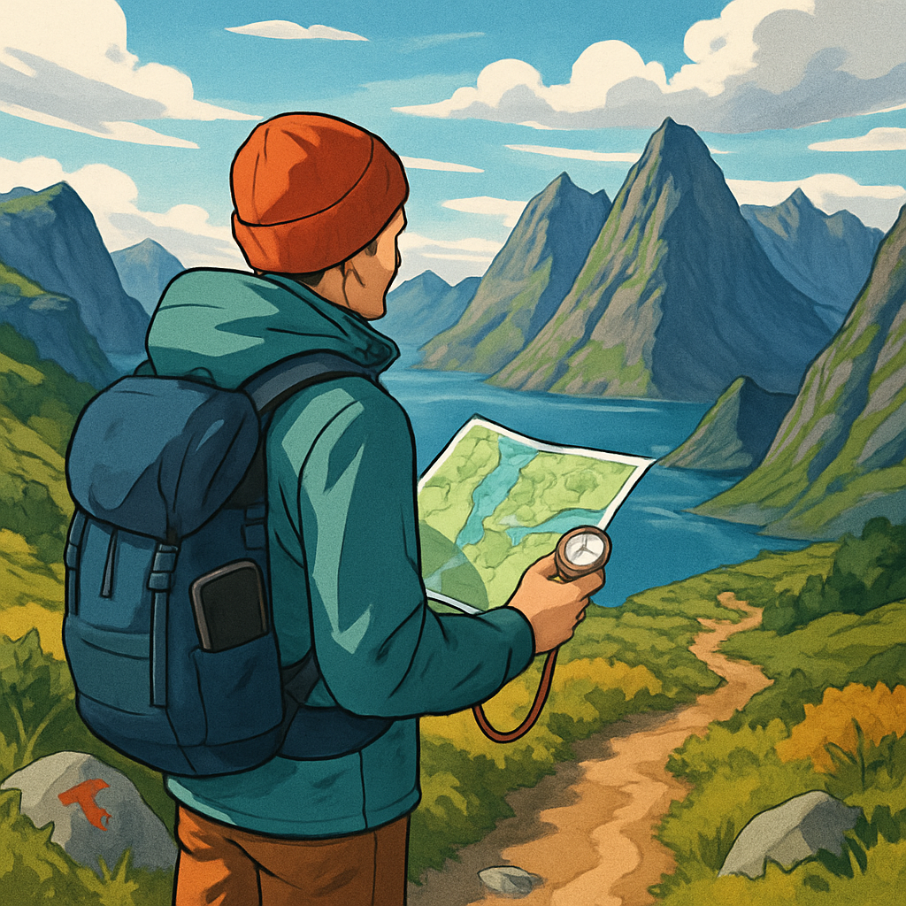 Een illustratie van een goed uitgeruste wandelaar op een bergpad in Lofoten, kijkend op een kaart, met een ruig landschap en wisselende wolkenlucht op de achtergrond. De scène straalt veiligheid en verantwoordelijkheid uit.