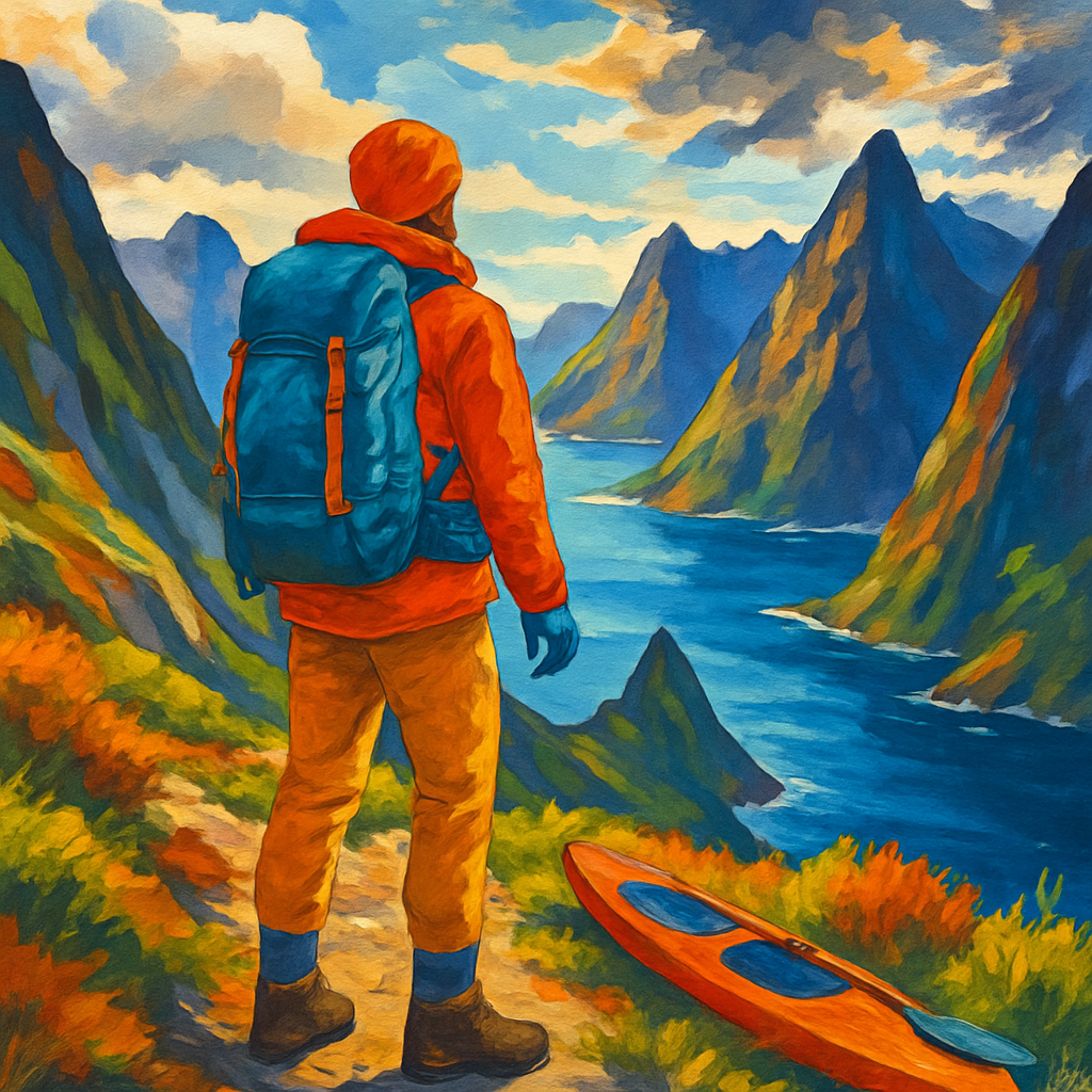 Een kleurrijke tekening van een goed uitgeruste wandelaar op een bergpad in Lofoten, kijkend over een fjord. De wandelaar draagt waterdichte kleding en heeft een rugzak. Op de achtergrond is een kajak te zien, wat de link naar watersporten benadrukt.