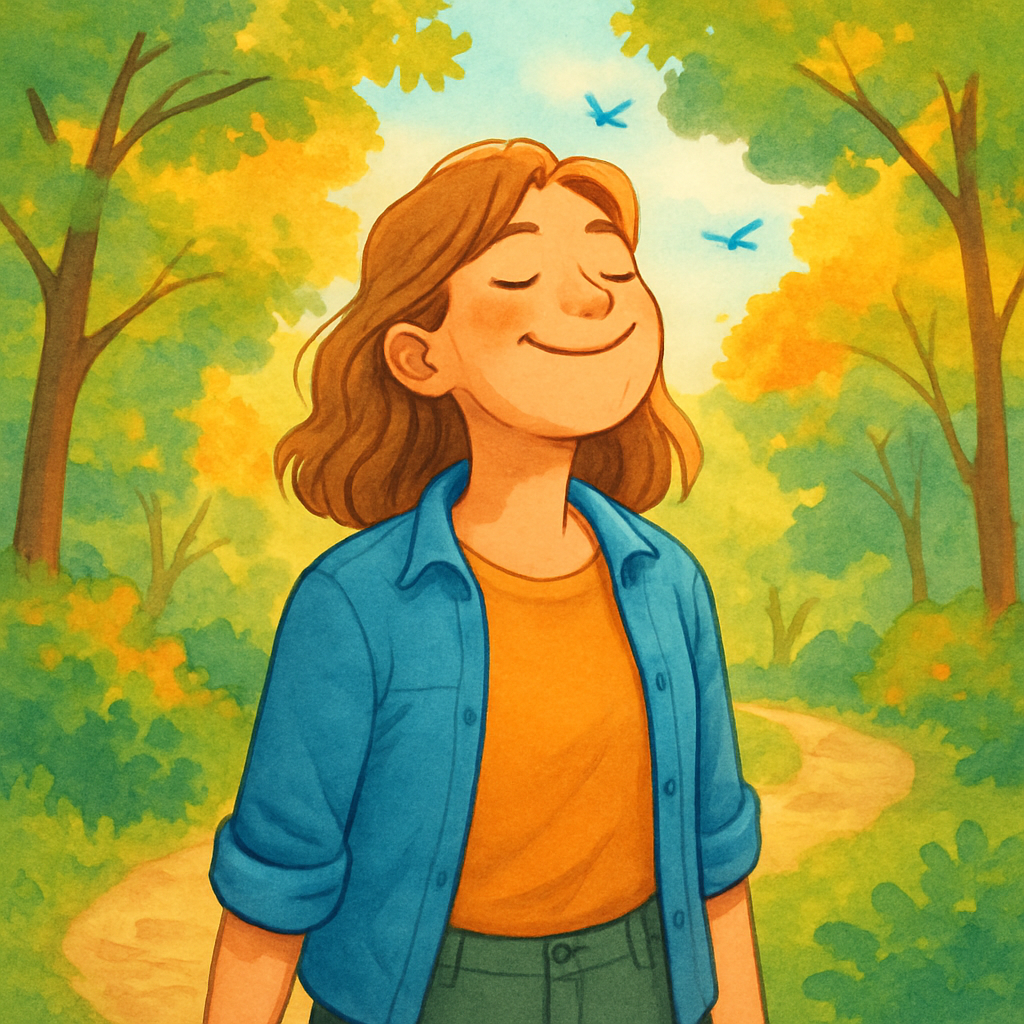 Een vrolijke vrouw staat op een bospad, ademt diep in en geniet van de zon die door de bladeren schijnt, omringd door vogelgezang.