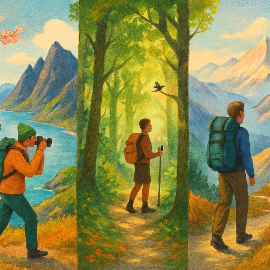 Een collage-achtige tekening die verschillende wandelervaringen weergeeft: een hiker die fotografeert langs een ruige kustlijn, een wandelaar die vogels observeert in een groen bos, en een backpacker op een bergpad met panoramisch uitzicht. De scène omvat subtiele hints van lente, zomer, herfst en winter.