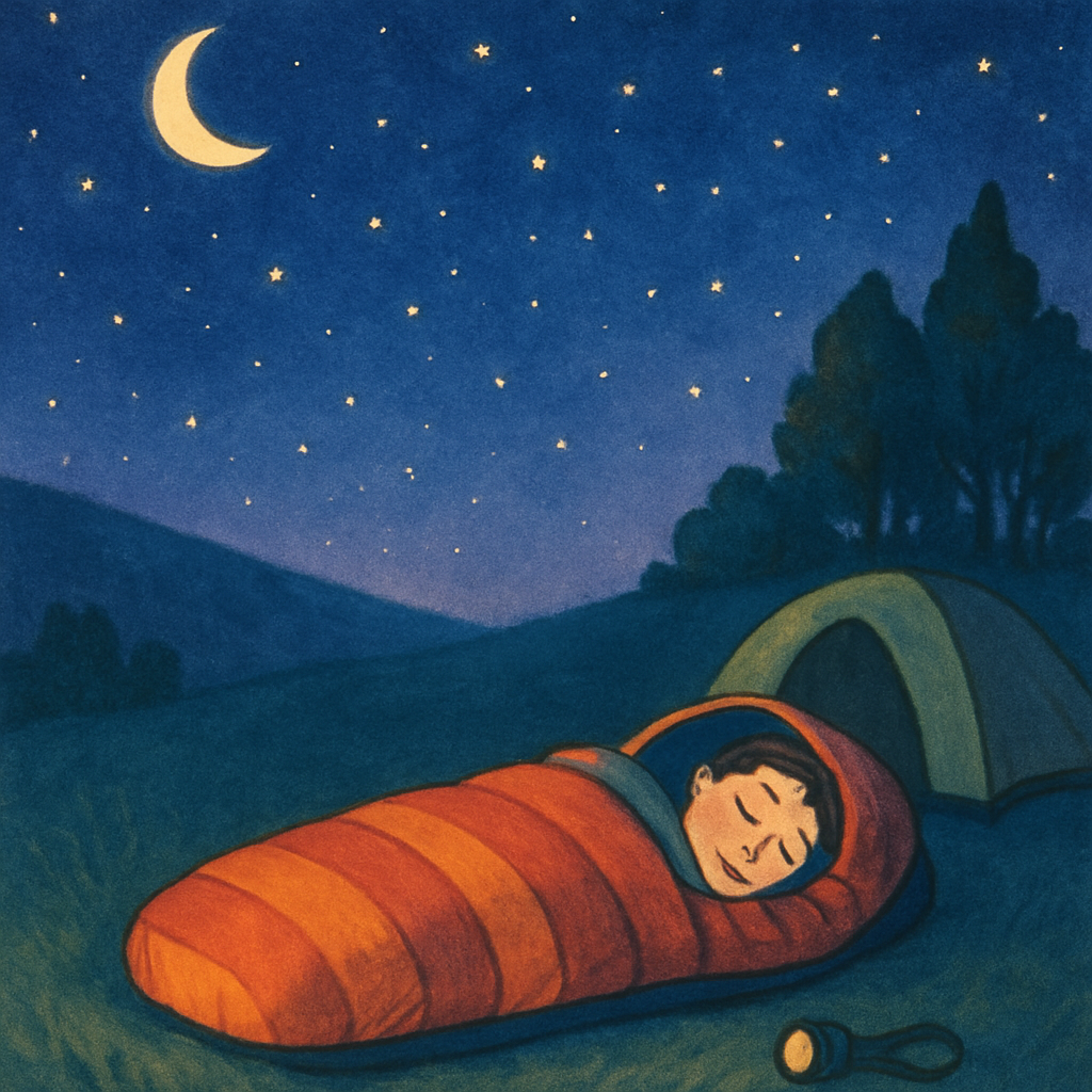Illustratie van een persoon die vredig slaapt in een slaapzak onder een heldere, sterrenhemel, omringd door kalme natuur.