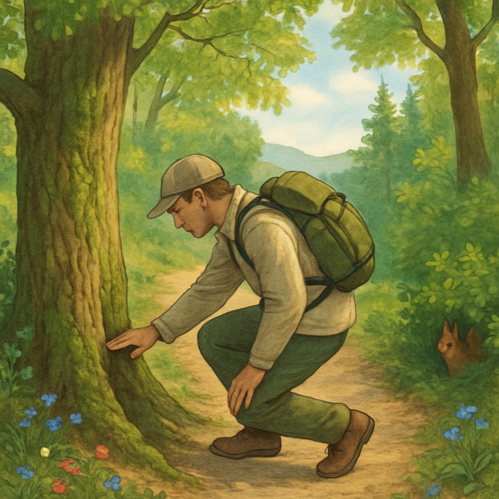 Illustratie van een wandelaar die in een rustig bos de details van een boomstam of blad observeert, omringd door planten en een eekhoorn, met gefilterd zonlicht.