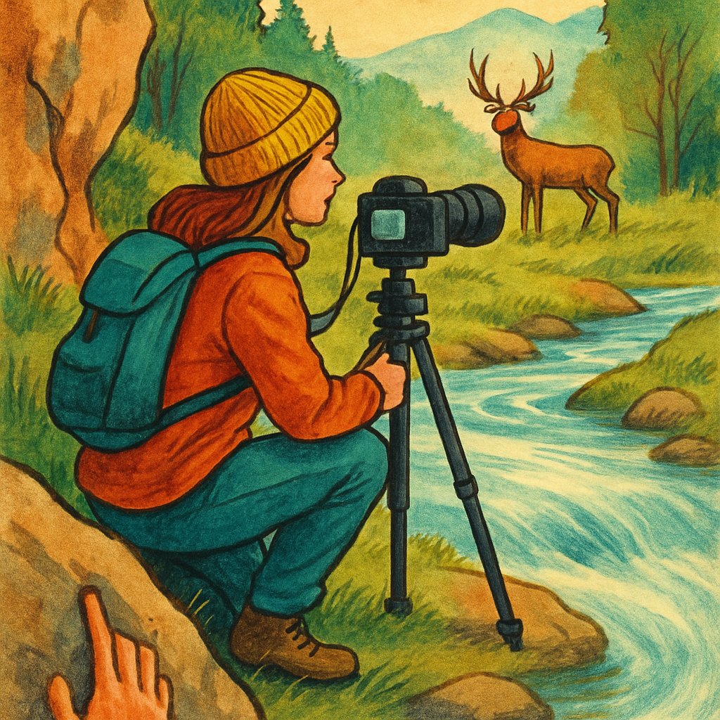 Een vrouwelijke fotograaf knielt met een camera op statief bij een rivier, observerend hoe een hert in de verte graast. De rivier stroomt wazig door lange belichting en een rots met een 'crimp' is op de voorgrond zichtbaar, alles in een kleurrijke tekenstijl.