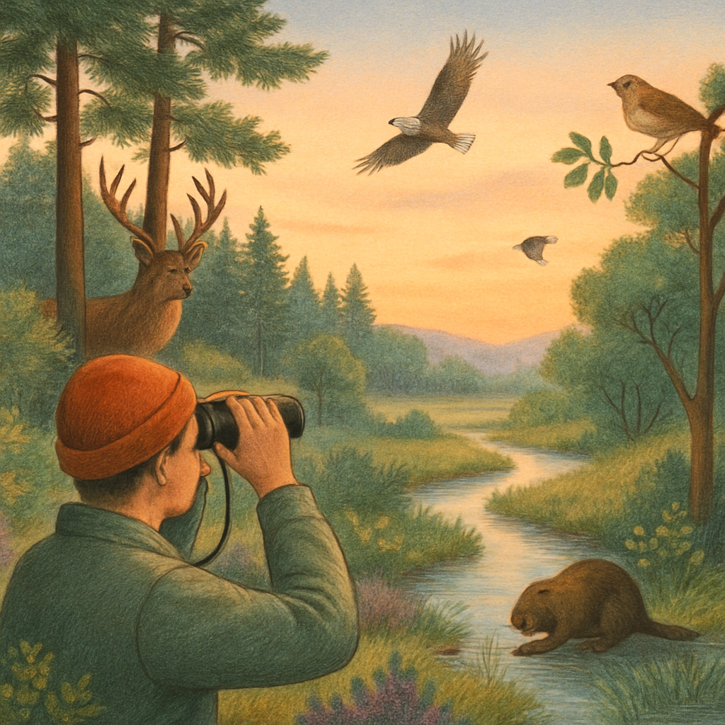 Een rustige, kleurrijke illustratie van een nationaal park bij zonsopgang of zonsondergang. Een persoon met een verrekijker observeert een edelhert tussen de bomen, een bever bij het water en diverse vogels in de lucht en op takken.