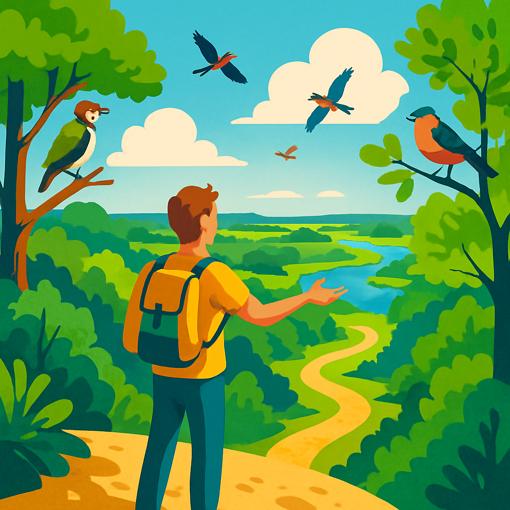 Een persoon staat op een uitkijkpunt in een nationaal park, genietend van het uitzicht en wijzend naar de weidse natuur, omringd door bomen en vogels in een heldere tekenstijl.