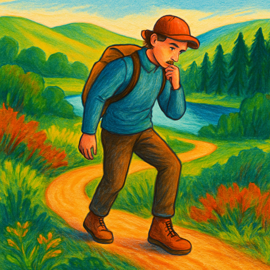 Een kleurrijke illustratie van een persoon die zorgvuldig over een kronkelend pad in een weelderig nationaal park wandelt, met aandacht voor de omgeving en het plaatsen van hun voet.