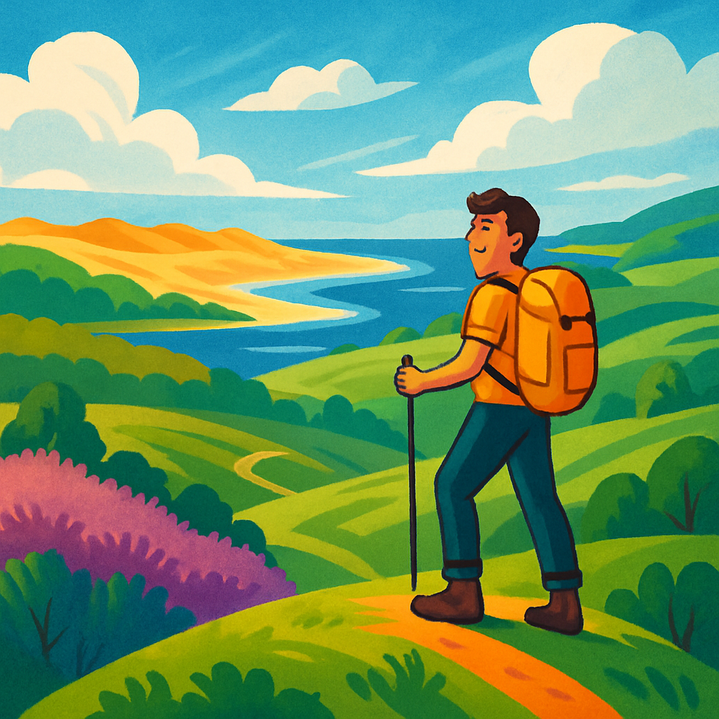 Een kleurrijke, geïllustreerde tekening van een avonturier die uitkijkt over een divers Nederlands nationaal parklandschap, met zandduinen, heidevelden, water en groene heuvels onder een heldere lucht.