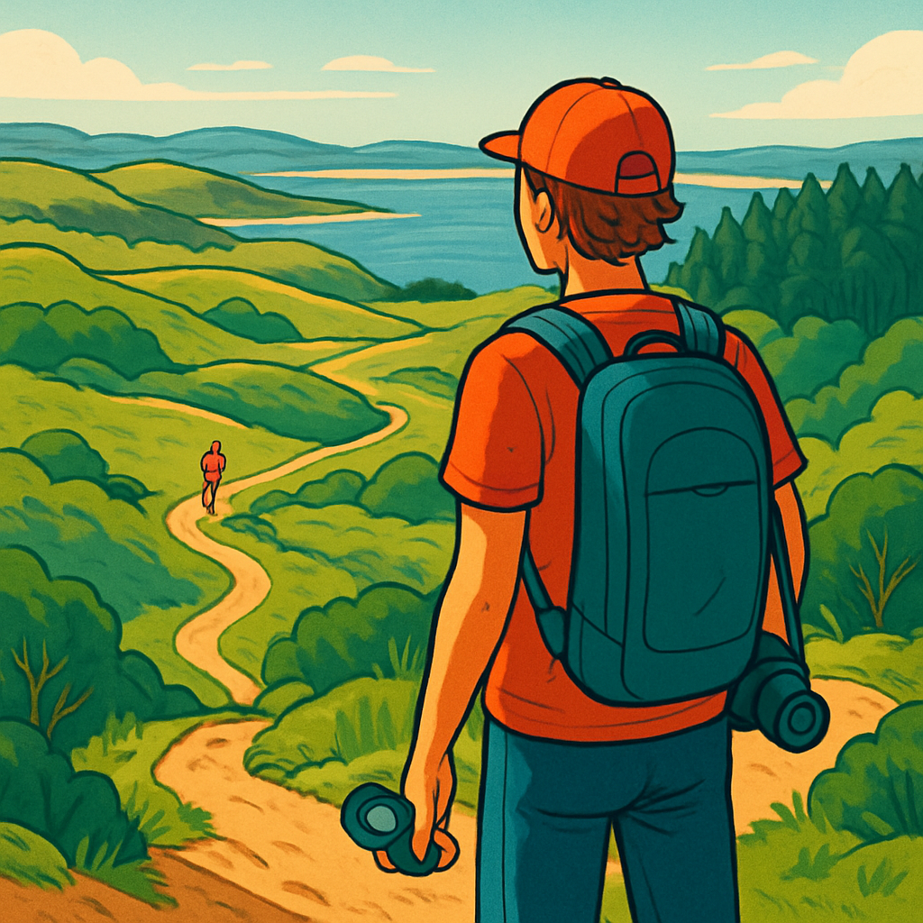 Een illustratie van een persoon die vanaf een verhoogd uitkijkpunt een uitgestrekt en rustig nationaal park overziet, met subtiele hints naar geocaching en trailrunning.