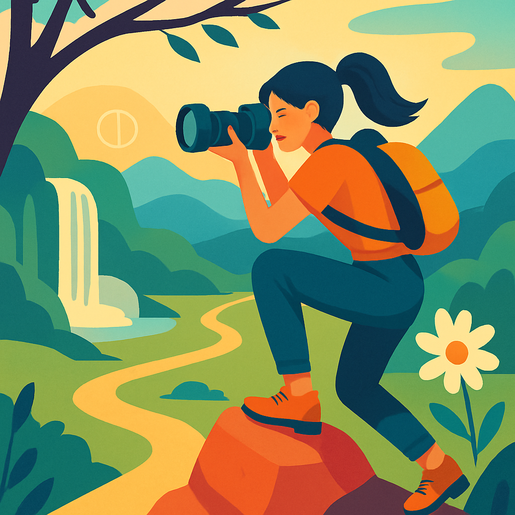 Een illustratie van een energieke vrouw die fotografie-apparatuur hanteert terwijl ze zich op een rotsachtige richel bevindt. De achtergrond toont een natuurlandschap met visuele hints naar fotografische concepten zoals snelle en trage sluitertijd (waterval), scherptediepte (bloem met wazige achtergrond), en compositieregels (leidende lijnen en natuurlijke kaders).