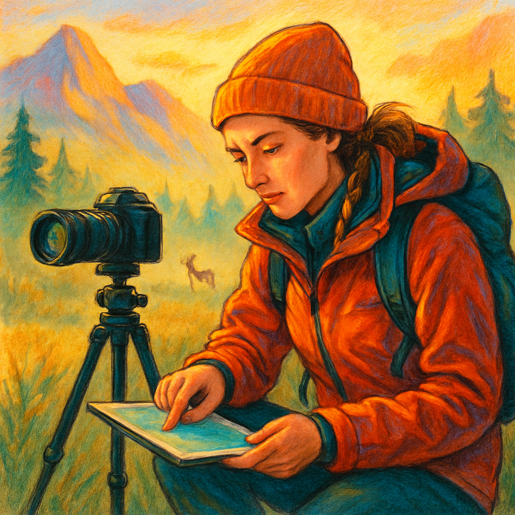 Een kleurrijke illustratie van een energieke vrouwelijke fotograaf die de natuur in de gouden uren scout, met haar camera en statief klaar voor de perfecte opname.